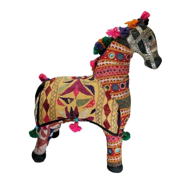 Embroidered Rajasthan Horse Fabric Patchwork Decorative Boho Folk Art - Picture 1 of 12